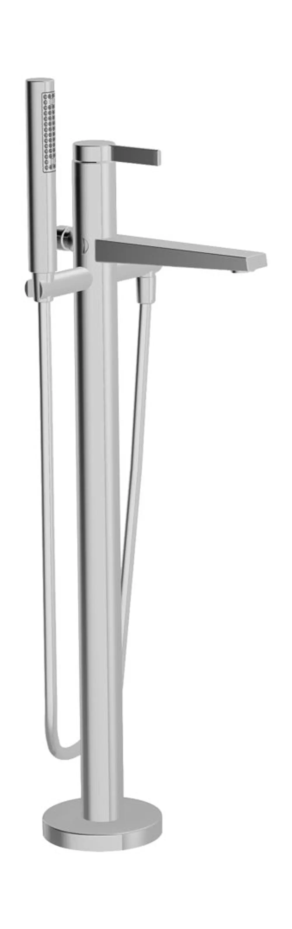 Einhebelmischer mit Standrohr in Chrom von Hansa, ausgestattet mit einer Handbrause und einem schlanken Auslauf, leicht zugänglich und funktional gestaltet.